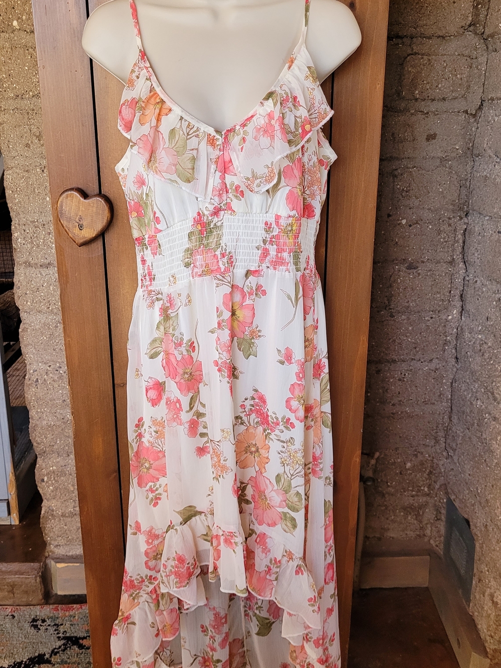 Strappy Floral High/Low Dress in White, Pink & Green